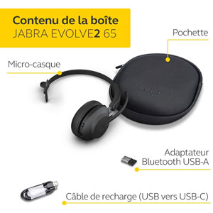 Casque Sans Fil JABRA Evolve2 65 UC / Dongle USBc Bluetooth (26599