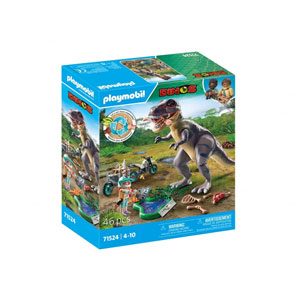 Explorateur avec moto et tyrannosaure