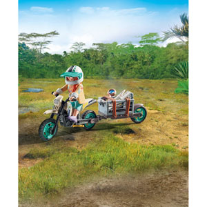 Explorateur avec moto et tyrannosaure