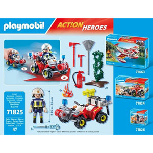 Pompier avec quad et deux arbustes enflammés