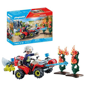 Pompier avec quad et deux arbustes enflammés