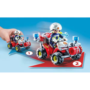 Pompier avec quad et deux arbustes enflammés