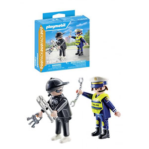 Policier et bandit avec menottes et accessoires