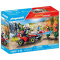 Pompier avec quad et deux arbustes enflammés
